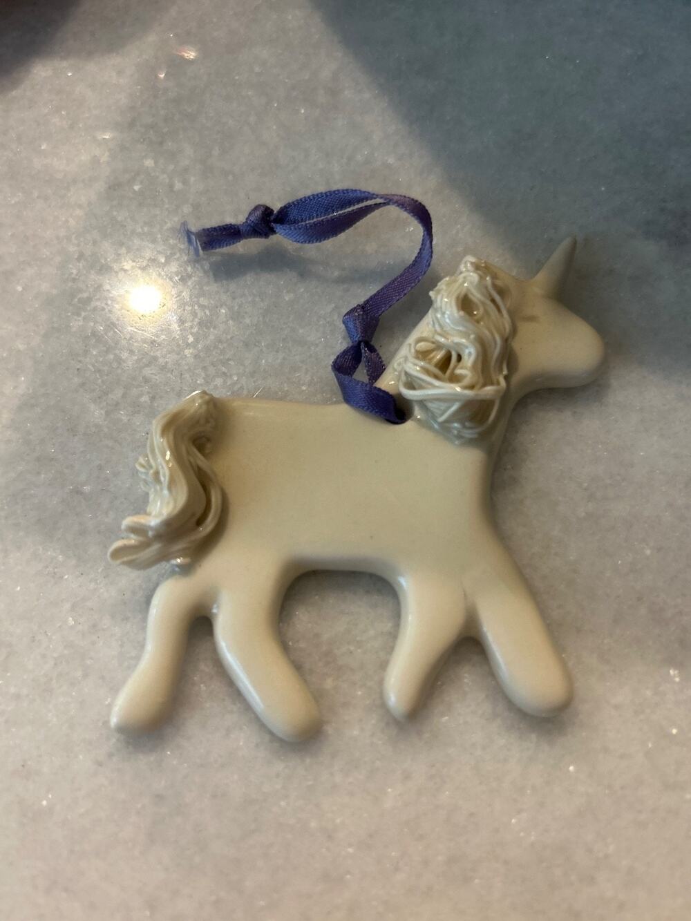 Vintage 1980s Russ Berrie Ceramic Unicorn Christmas Ornament Spun Mane Tail